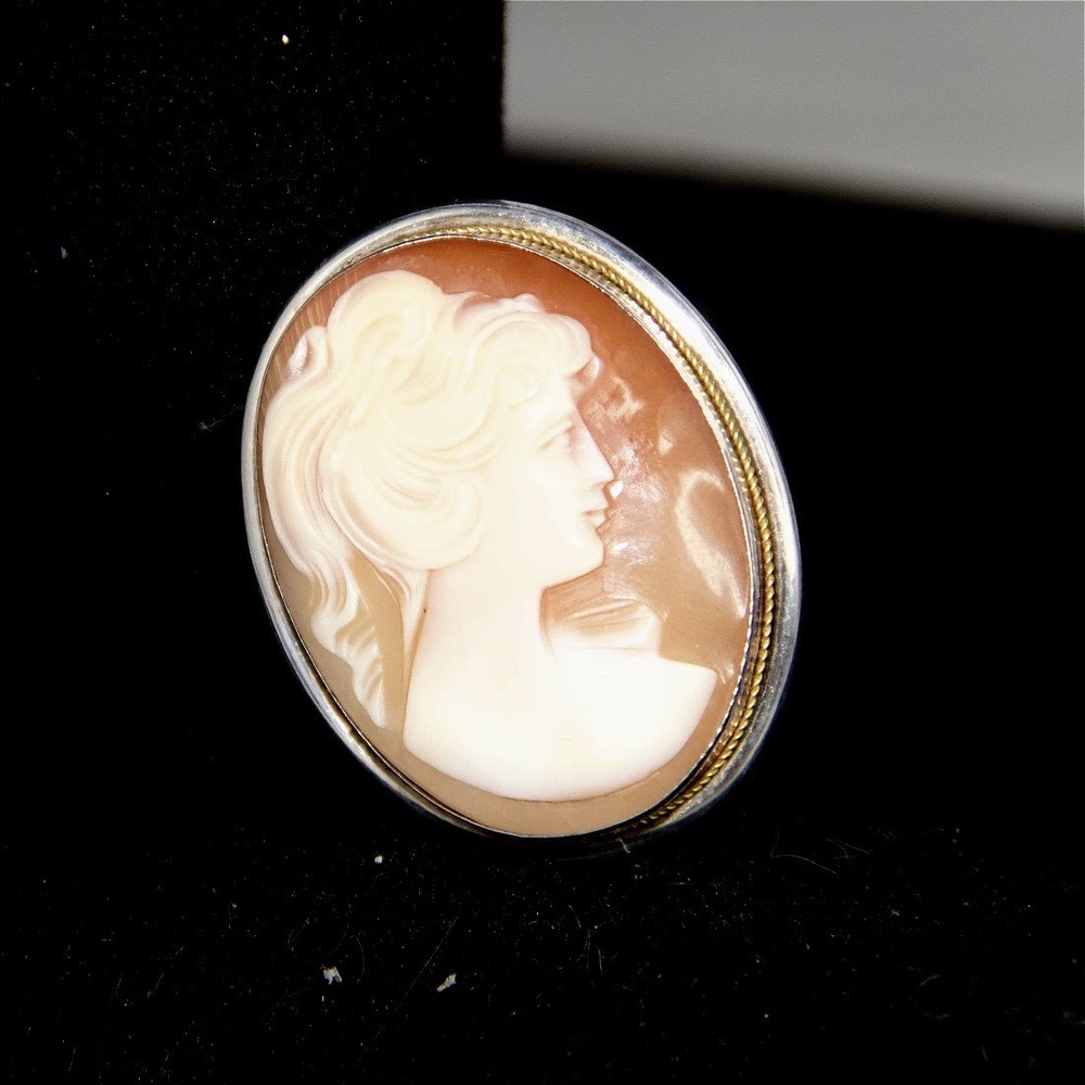 Vintage 800‎ Silver Shell Cameo Brooch Pendant Hand Carved Italian Portrait Pin - Picture 4 of 7